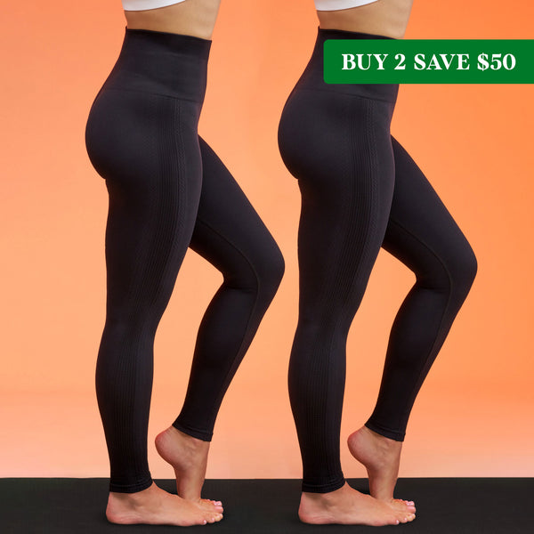 Side-by-side image of models wearing black leggings on an orange ombre backdrop. Small banner in upper right corner says