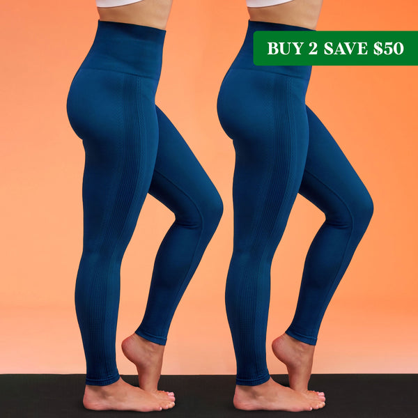 Side-by-side image of models wearing navy leggings on an orange ombre backdrop. Small banner in upper right corner says