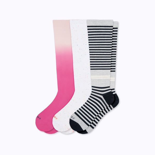 knee high compression socks 3 pack ombre berry gradient stargazer and black striped design