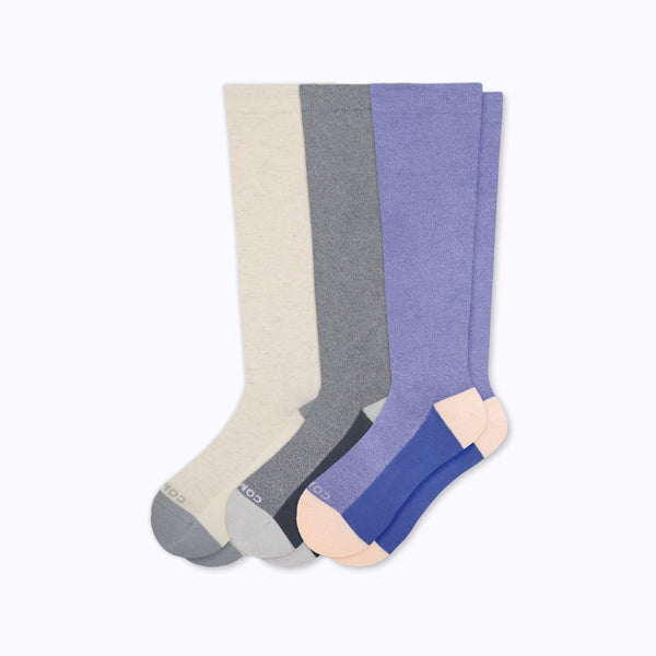 3 pack of knee-high compression CloudCotton socks in bone, grey, purple