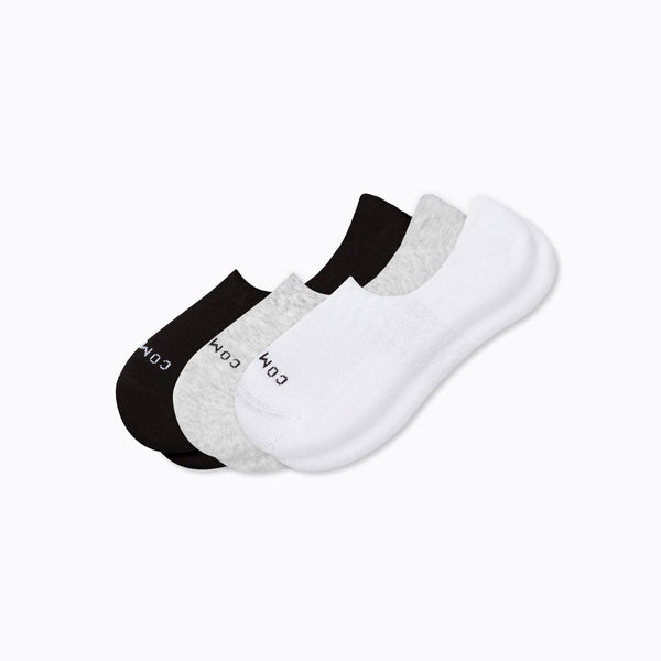 A 3 pack of combed cotton no show socks in black, heather grey, and white