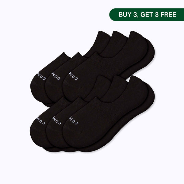 Six pairs of black low-cut ankle socks arranged in two overlapping stacks on a light gray background, with a green 'BUY 3, GET 3, FREE' promotional banner in the top right corner.