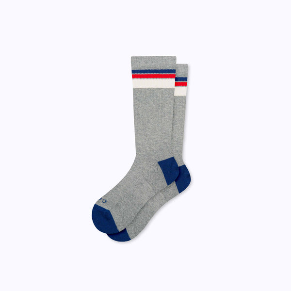 A pair of cotton crew socks in grey-navy stripes