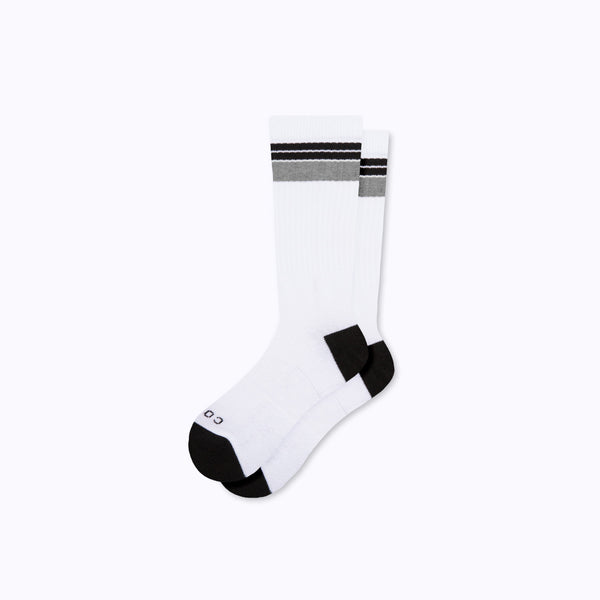 A pair of cotton crew socks in white-black stripes