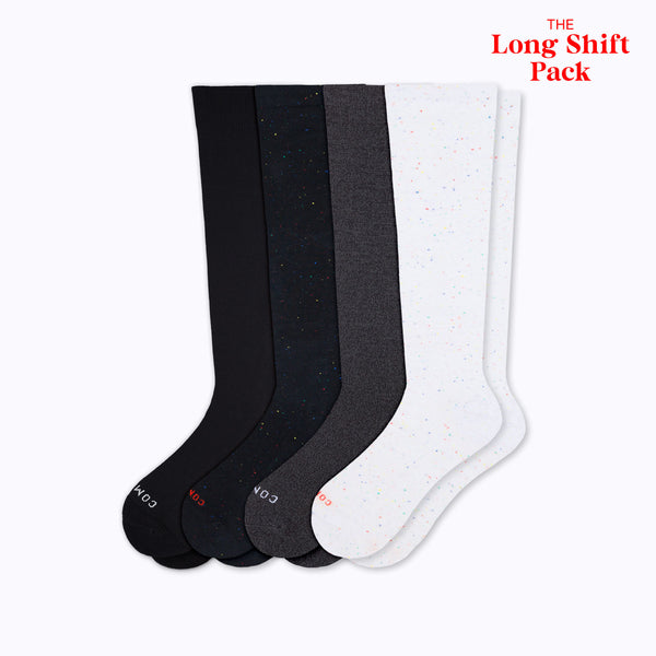 Long Shift 4-Pack knee-high compression socks in black, galaxy, charcoal and stargazer colors