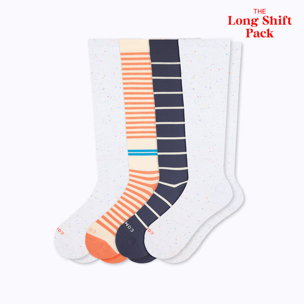 Long Shift 4-Pack knee-high compression socks in 2 pairs of stargazer, cream/terracotta stripes and navy/sand colors