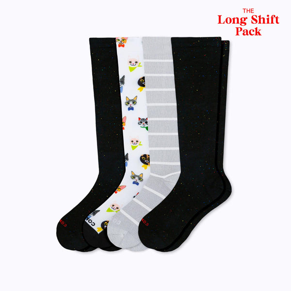 Three pairs of socks with different designs on a white background, labeled 'The Long Shift Pack'.