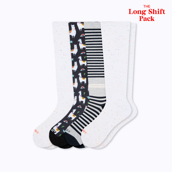 Three pairs of socks with different patterns on a white background, labeled 'The Long Shift Pack'.