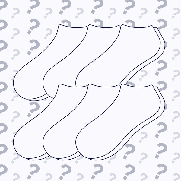 A digital graphic showing six white low-cut ankle socks arranged in two overlapping rows, outlined in dark blue. The background is white with a repeating pattern of gray question marks.