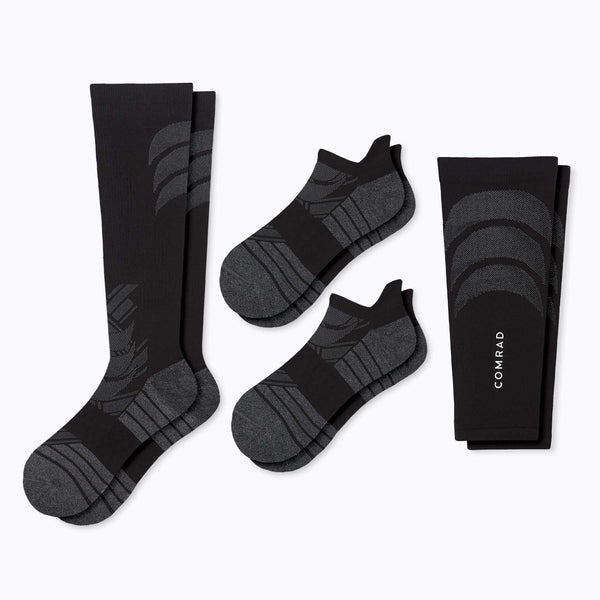 Black running socks set with calf compression sleeve knee-high and ankle socks
