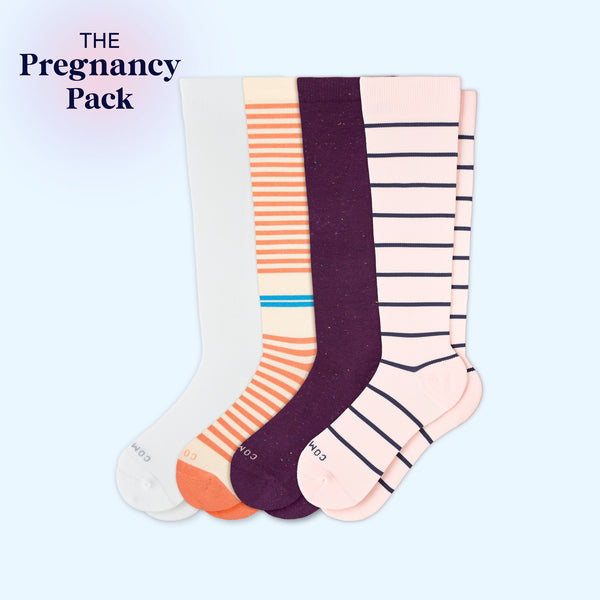 4-pair maternity compression socks in white, terracotta cream stripe, purple, and rose
