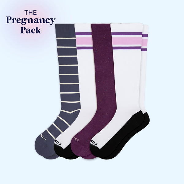 4-pair maternity knee-high socks in navy stripe, purple, and lavender