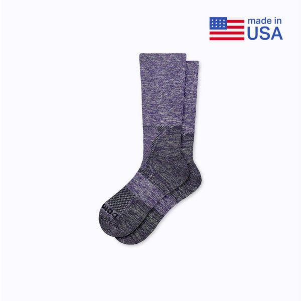 Purple sock on a white background with 'made in USA' text and flag.
