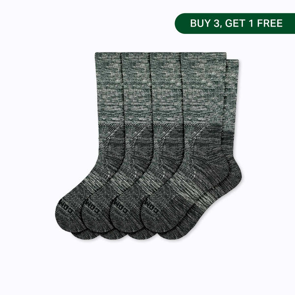Pack of four charcoal wool crew socks on a white background with a Buy 3, Get 1 Free badge