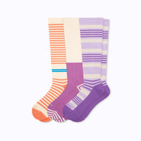 3-Pack image of Cloudcotton knee-high socks in terracotta stripes, mulberry colorblock and lavendery stripes