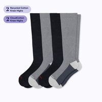 4 pack of knee high compression socks, 2 black recycled cotton and 2 grey cloudcotton.