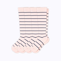 Set of four pink knee-high socks with navy stripes on a white background