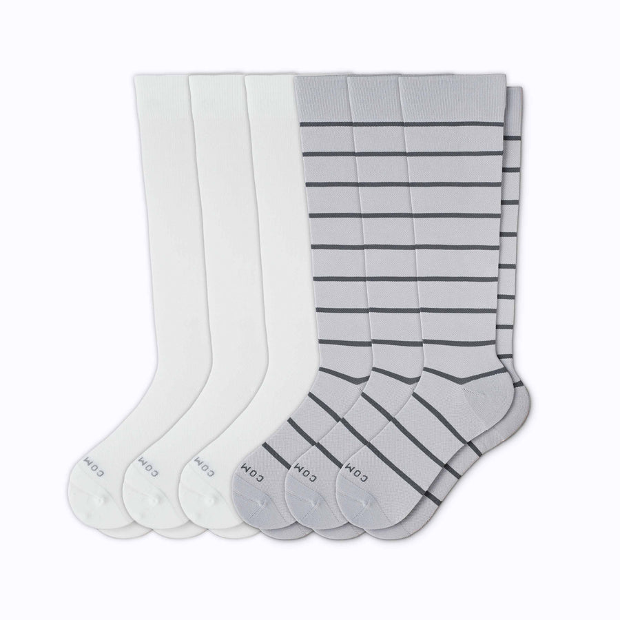 A 6-pack of solid compression socks in grey-charcoal-white  stripes