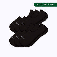 Six pairs of black low-cut ankle socks arranged in two overlapping stacks on a light gray background, with a green 'BUY 3, GET 3, FREE' promotional banner in the top right corner.