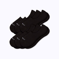 Six black low-cut ankle socks arranged in two overlapping stacks on a light gray background. 