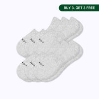 Six pairs of light gray heather low-cut socks arranged in a fan shape on a white background, with a green 'BUY 3, GET 3 FREE' promotional banner in the top right corner.
