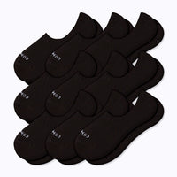 Nine black no-show socks arranged in two overlapping rows on a white background.