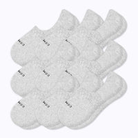 Nine pairs of no-show socks in a light heather gray color, arranged in a fan-like pattern on a plain white background. 