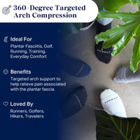 Several socks in navy, black, and white arranged on a gray floor with green leaves. Text on the left reads '360-Degree Targeted Arch Compression' with benefits and use cases for plantar fasciitis, golf, running, and training.