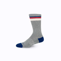 Side view of cotton crew socks in grey-navy stripes