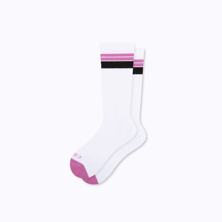 A pair of cotton crew socks in white-mulberry stripes