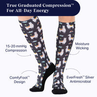 Compression socks with llama pattern on a white background, featuring text about compression properties.