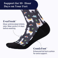 Sock with llama pattern and text about EverFresh and ComfyFoot technology on a white background