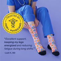 Person wearing colorful socks with a blue background and a badge labeled 'Trusted by 200k+ Physicians'.