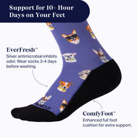 Purple socks with dog pattern and text about EverFresh and ComfyFoot technology on a white background