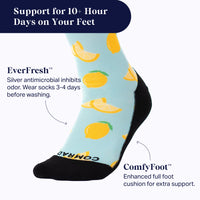 Sock with lemon pattern on a light blue background, featuring text about EverFresh and ComfyFoot technology.