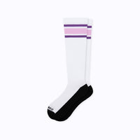 flat product image of white knee-high socks with purple and pink varsity stripes