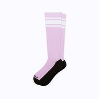 product flat image of knee-high socks in lavender with white varsity stripes