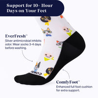 Socks with cartoon cat design and text about EverFresh and ComfyFoot technology on a white background.
