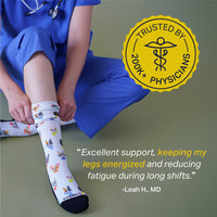 Person wearing colorful socks with a yellow badge and quote about physician support on a green background