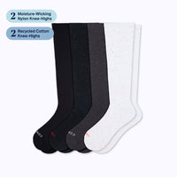 Long Shift 4-Pack knee-high socks with badges for 2 moisture-wicking nylon and 2 recycled cotton pairs