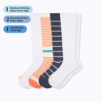 Four knee-high socks feature a 2 pairs of stargazer, with cream/terracotta stripes and navy/sand stripes with badges for moisture-wicking nylon,cloudcotton and  recycled cotton pairs