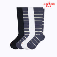 Long Shift 4-Pack knee-high compression socks in 2 pairs of navy/sand stripes, one pair of galaxy and stargazer colors
