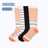 Long Shift 4-Pack knee-high socks with badges for 2 moisture-wicking nylon and 2 recycled cotton pairs