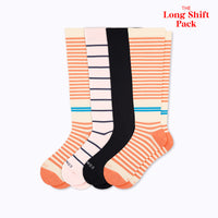 Long Shift 4-Pack knee-high compression socks in cream/terracotta, stripes,navy/sand stripes, and galaxy colors