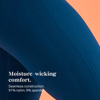 Super zoomed in image of navy ribbed leggings texture with text overlay 'Moisture-wicking comfort. Seamless construction. 91% nylon, 9% spandex.'