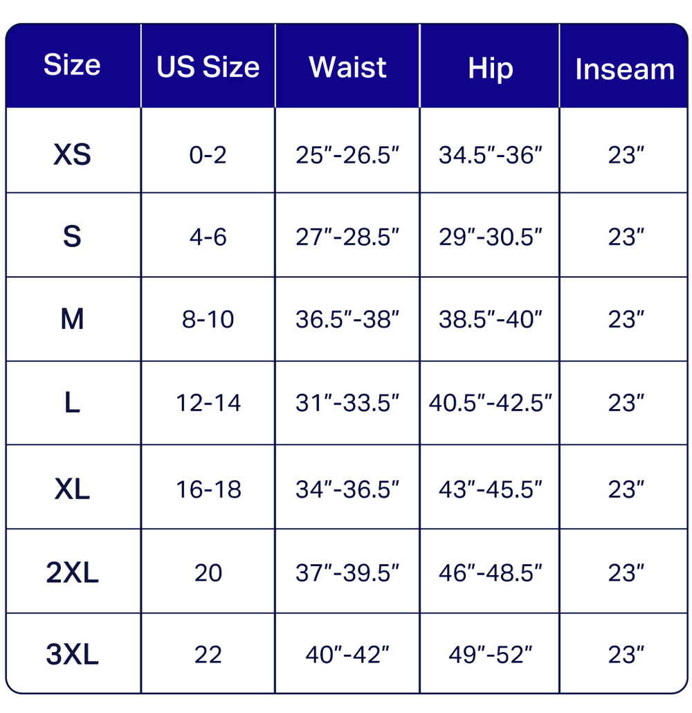 A size chart table showing US sizes XS through 3XL with waist, hip, and inseam measurements in inches.