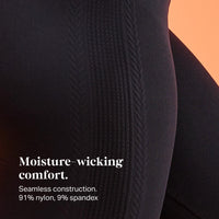 Macro close up of black legging ribbed fabric with text overlay 'Moisture-wicking comfort. Seamless construction. 91% nylon, 9% spandex.'