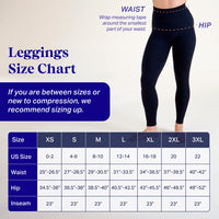 Leggings size chart graphic showing a model from the waist down wearing black leggings, with orange measurement callouts for waist and hip, plus a blue size table listing XS through 3XL sizes and measurements.