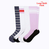 4 knee-high socks in navy with sand stripes,white base with red varsity stripes,stargazer and lavender base with white varsity stripes