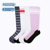 4 knee-high nylon socks in navy with sand stripes,white base with red varsity stripes,recycled cotton stargazer and lavender base with white varsity stripes